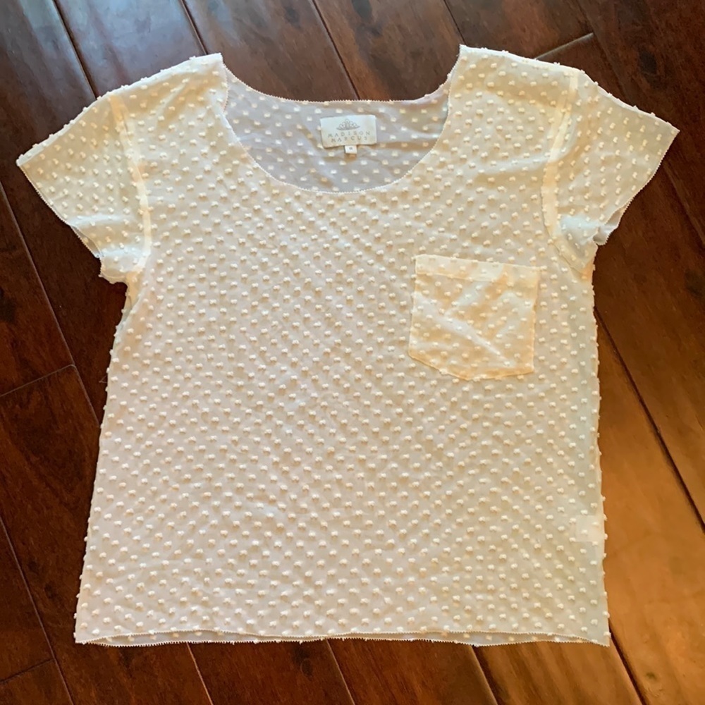 Madison Marcus top silk polka dot sheer off white front pocket Size M Medium